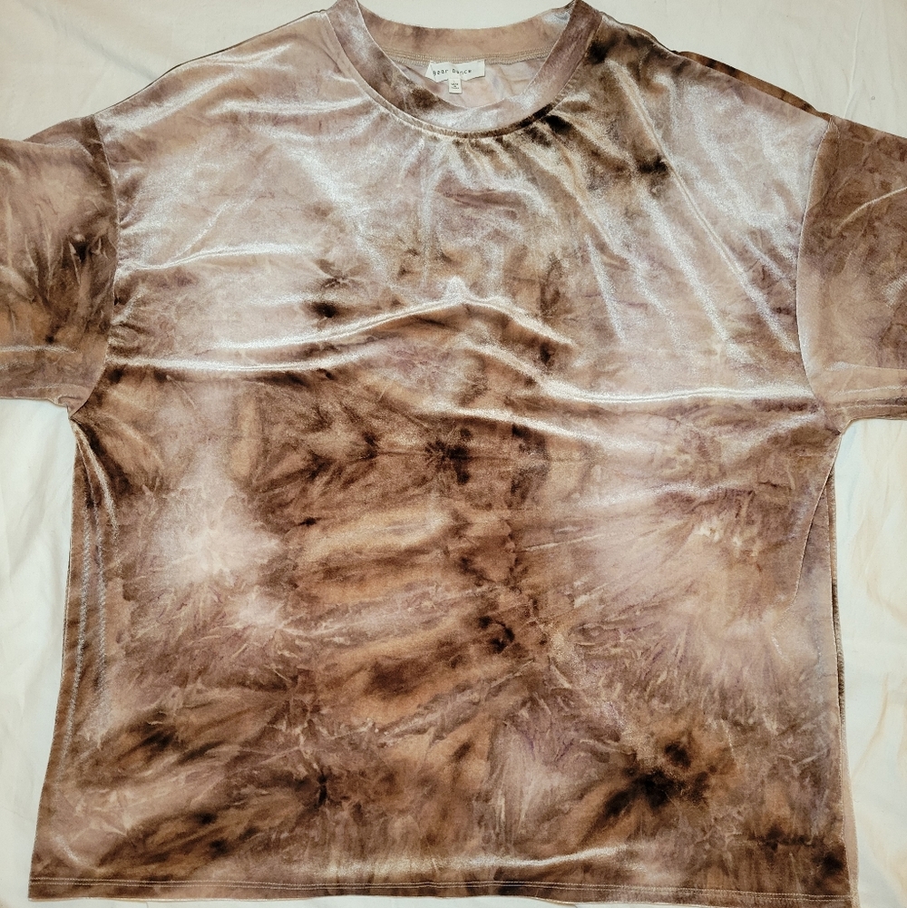 Women’s Sz L Velvet Burnout Tie Dye Top Short Sleeve Crew Neck Brown Whimsy